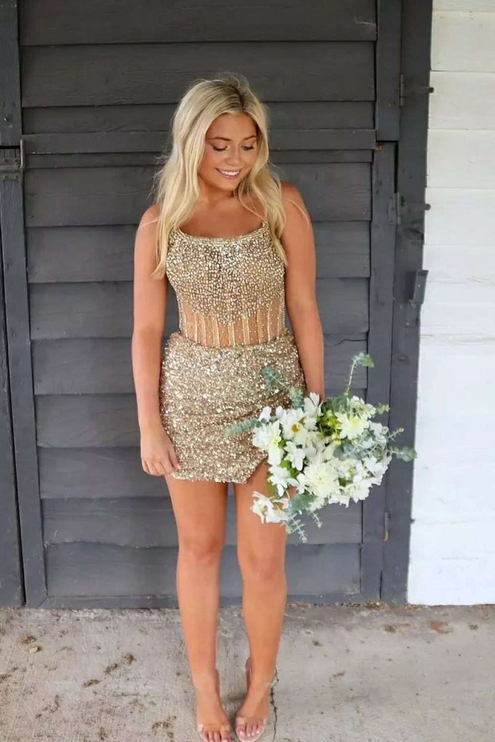 Gold Sequins Strapless Short Homecoming Dresses with Beadings VL24091005