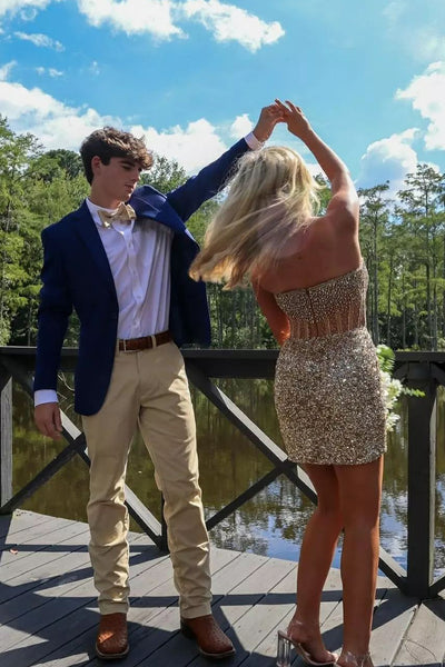 Gold Sequins Strapless Short Homecoming Dresses with Beadings VL24091005