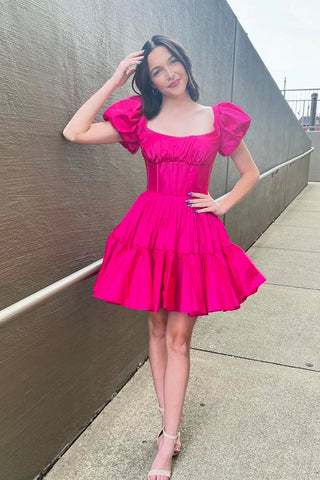 Hot Pink Satin A-Line Square Neck Short Homecoming Dresses VL24090804