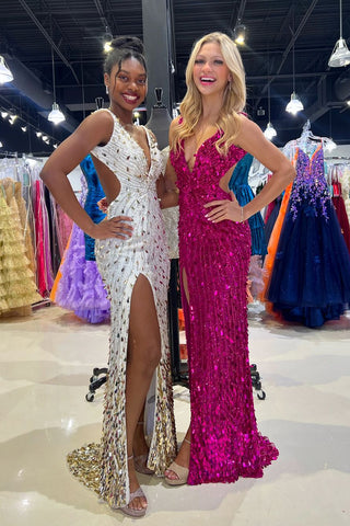 Mermaid Deep V Neck Sequins Long Homecoming Dresses with Slit VL24082806