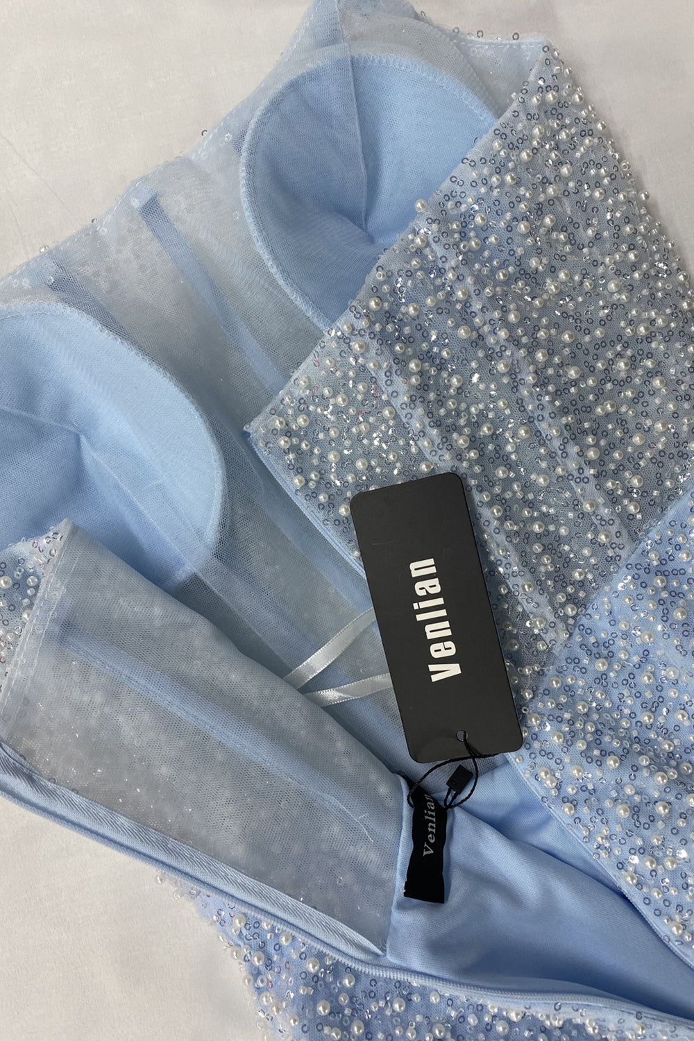 Strapless Light Blue Pearl Sequins Prom Dress with High Slit Venlian Strapless Light Blue Pearl Sequins Prom Dress with High Slit Venlian