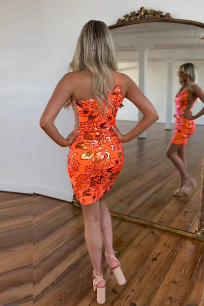 Orange One Shoulder Sequins Tight Short Homecoming Dresses VL082305