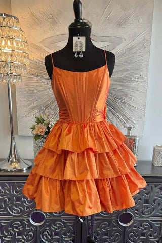 Orange Ruffle Tiered Satin Short A-Line Homecoming Dress VL24082702