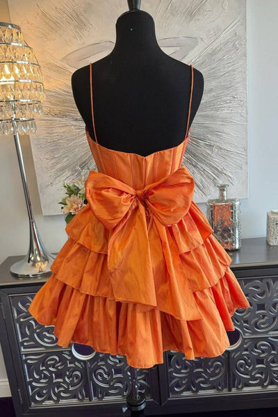 Orange Ruffle Tiered Satin Short A-Line Homecoming Dress VL24082702