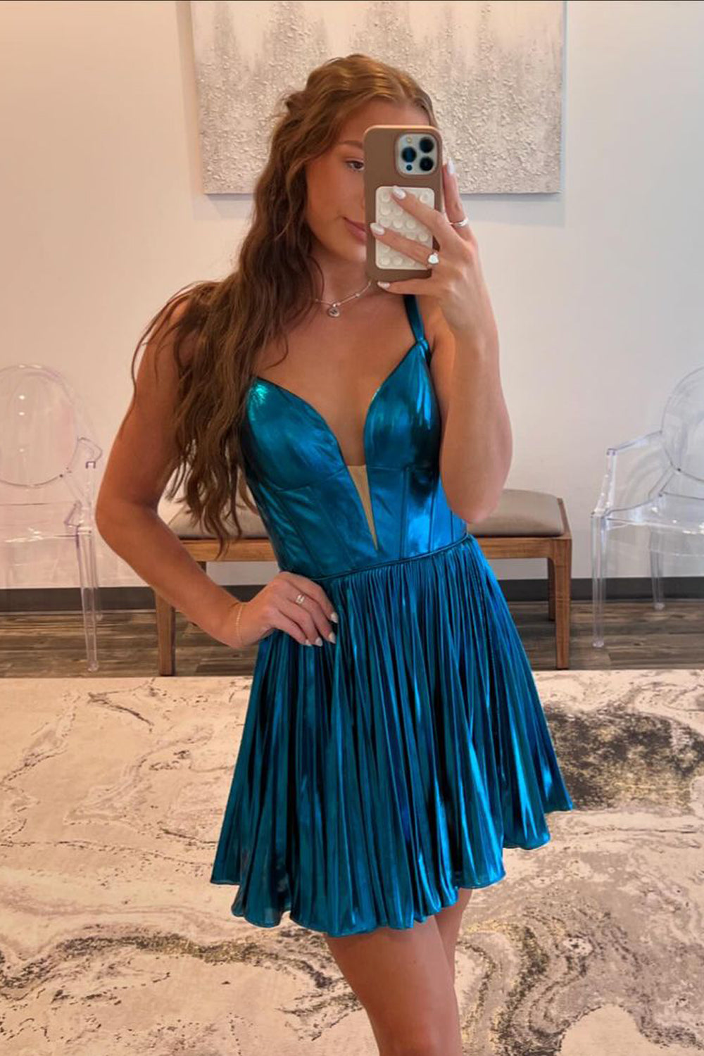 Peacock Blue V Neck A-Line Pleated Short Homecoming Dresses VL24082704
