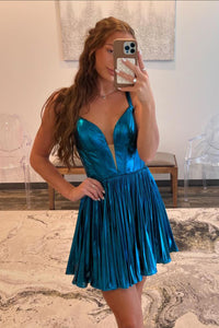 Peacock Blue V Neck A-Line Pleated Short Homecoming Dresses VL24082704