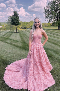 Pink Ball Gown Sweetheart 3D Flower Lace Wedding Dresses VL24090709