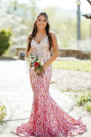 Pink Silver Sequins V Neck Mermaid Long Prom Dresses VL24082404