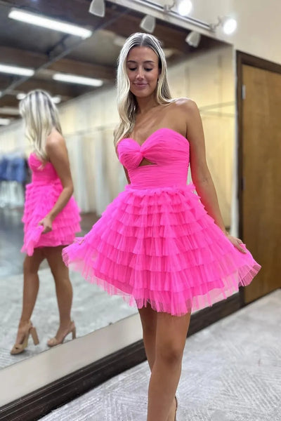 Pink Sweetheart Keyhole Ruffle Tiered Tulle Short Homecoming Dress VL24090405