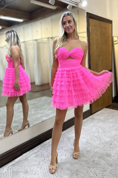 Pink Sweetheart Keyhole Ruffle Tiered Tulle Short Homecoming Dress VL24090405