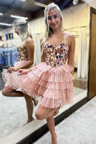 Pink Sweetheart Sparkly Ruffle Tiered Tulle Short Homecoming Dresses VL24082802