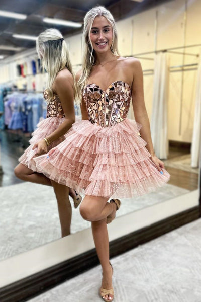 Pink Sweetheart Sparkly Ruffle Tiered Tulle Short Homecoming Dresses VL24082802