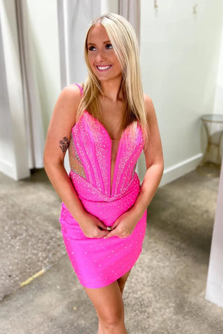 Pink V Neck Satin Tight Short Homecoming Dresses with Beadings VL24082403