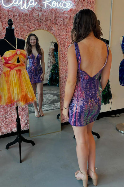 Purple Sequins V Neck Tight Short Homecoming Dress VL24090502