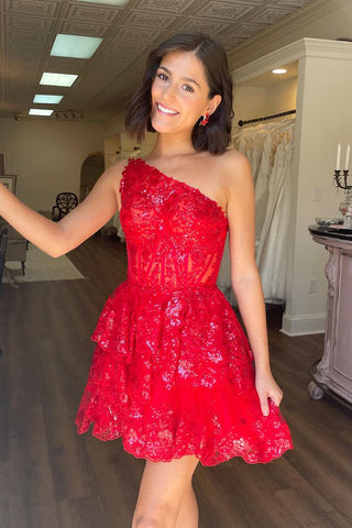 Red One Shoulder Sequin Lace Ruffle Tiered Homecoming Dresses VL24090903