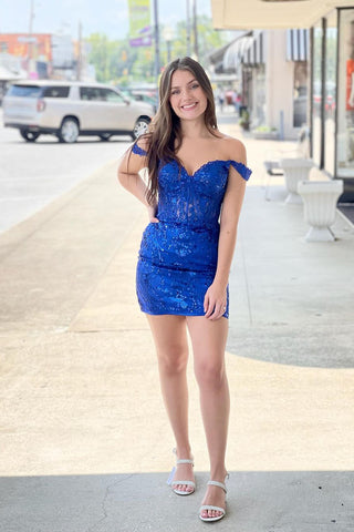 Royal Blue Sequin Lace Off the Shoulder Tight Short Homecoming Dresses VL24090303