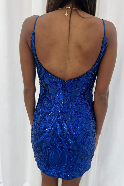 Royal Blue V Neck Sequins Short Homecoming Dresses VL24082311