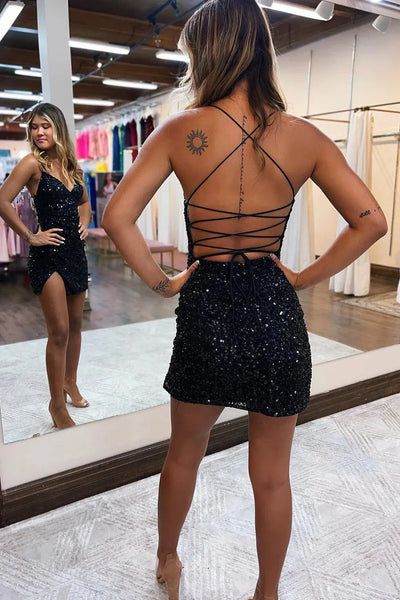 Royal Blue V Neck Sequins Short Tight Homecoming Dresses with Slit  VL082301