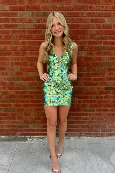 Sage Green Sequins V Neck Short Tight Homecoming Dresses VL24082604