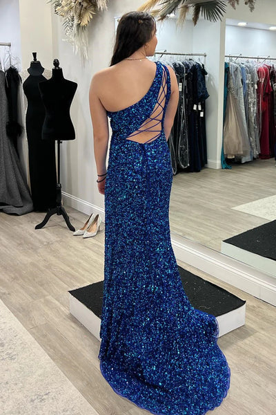 Royal Blue Mermaid One Shoulder Sequins Long Prom Dress with Slit VL011623