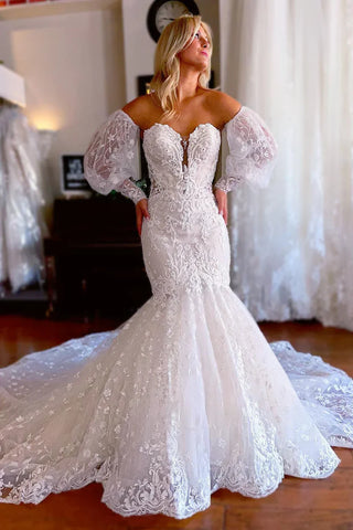 Gorgeous Mermaid Sweetheart Lace Wedding Dresses with Sleeves VL24102008