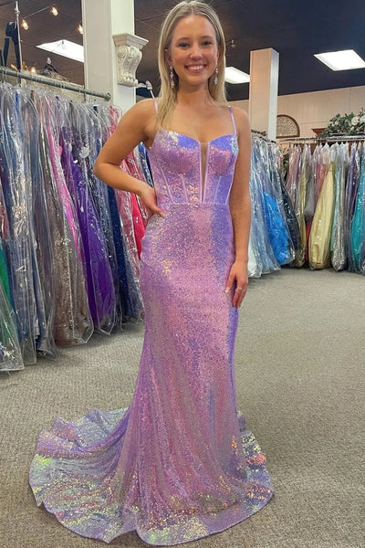 Sparkly Pink Sequin Long Mermaid Corset Prom Dress VL011419