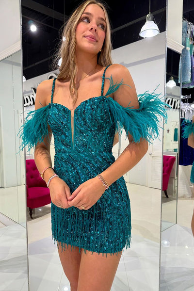 Peacock Blue Cold Shoulder Sequins Tight Homecoming Dresses with Feather VL24080907