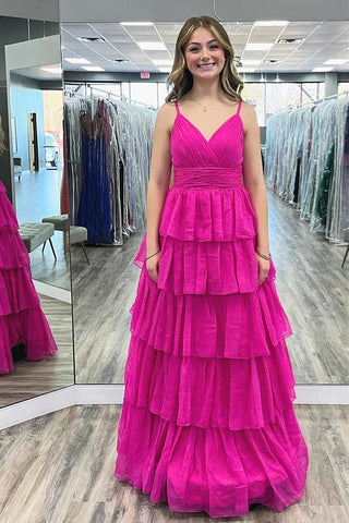 Fuchsia Spaghetti Straps Layers A-line Long Prom Dress VL011804