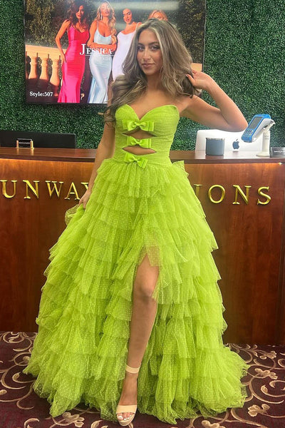 Unqiue A-Line Strapless Green Ruffle Tiered Tulle Long Prom Dress with Slit VL4062601