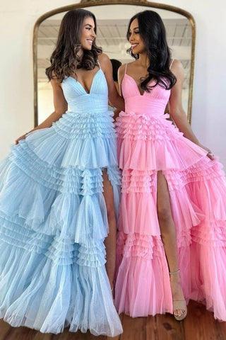 Sweet A-Line Spaghetti Straps Long Tiered Tulle Prom Dress With Split VL011902