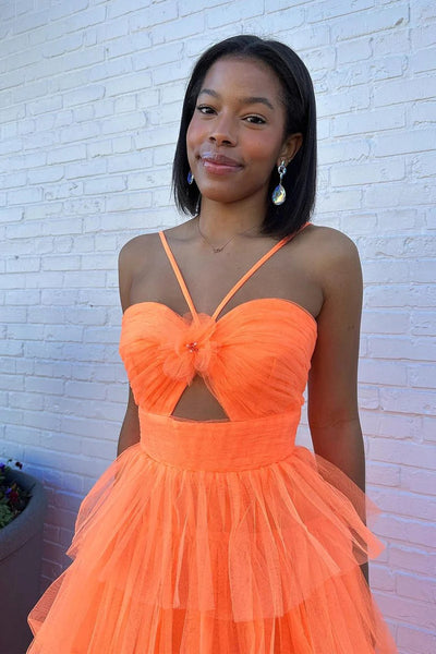 A-Line Sweetheart Orange Tulle Long Prom Dress with Cutout VL020204