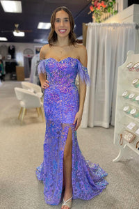 Sparkly Mermaid Off the Shoulder Purple Sequin Slit Prom Dress with Feather VL25010202