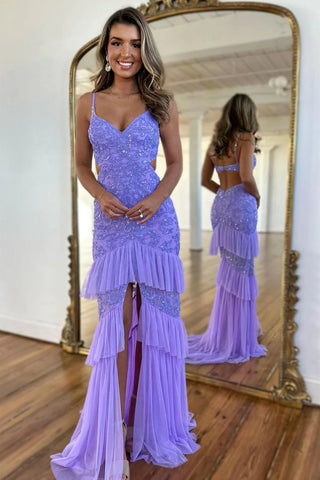 Sparkly Purple Mermaid Spaghetti Straps Long Tiered Prom Dress With Slit VL013007