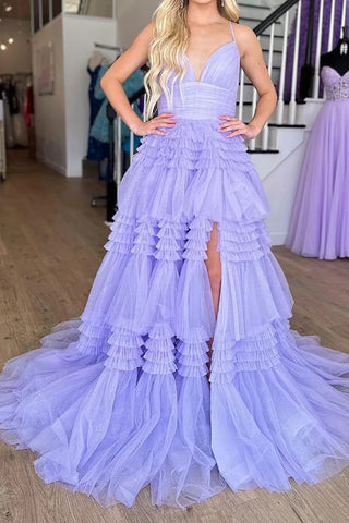 Gorgeous A Line Spaghetti Straps Lavender Long Prom Dress with Ruffles VL011327