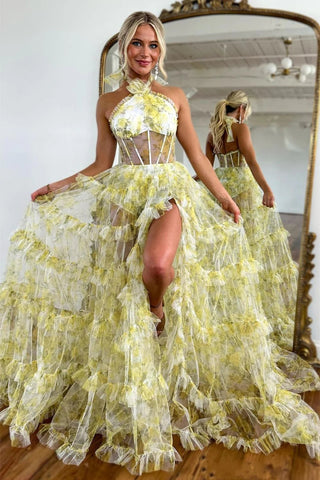 Cute Yellow A-Line Halter Neck Backless Long Tulle Prom Dress With Slit VL013010