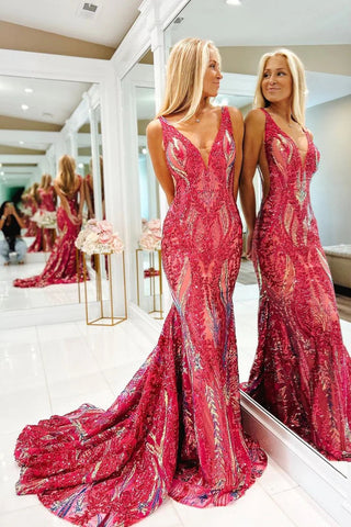 Mermaid V Neck Red Sequins Long Prom Dress VL012203