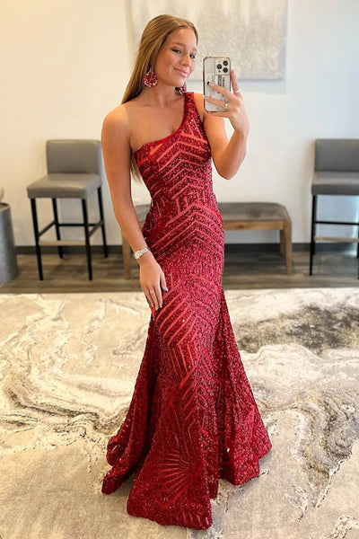 Dark Red One Shoulder Sequined Mermaid Long Prom Dress VL011106