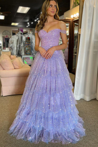 A-Line Off the Shoulder Ruffle Tiered Tulle Long Prom Dress VL021103