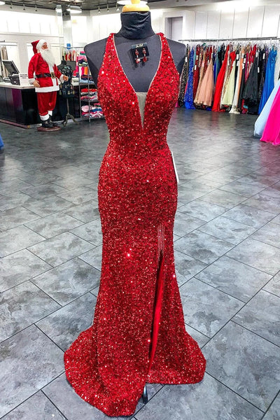 Mermaid Deep V Neck Red Sequins Long Prom Dress with Open Back VL011411