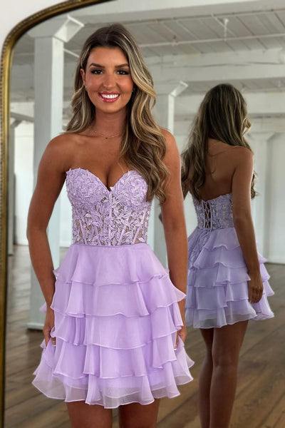 A Line Sweetheart Light Blue Chiffon Tiered Homecoming Dresses VL1062101