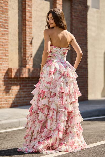 A Line Sweetheart Keyhole Pink Floral Chiffon Tiered Prom Dress with Bow VL25122104