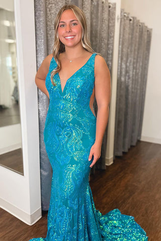 Mermaid V Neck Blue Sequins Lace Long Prom Dress VL012508