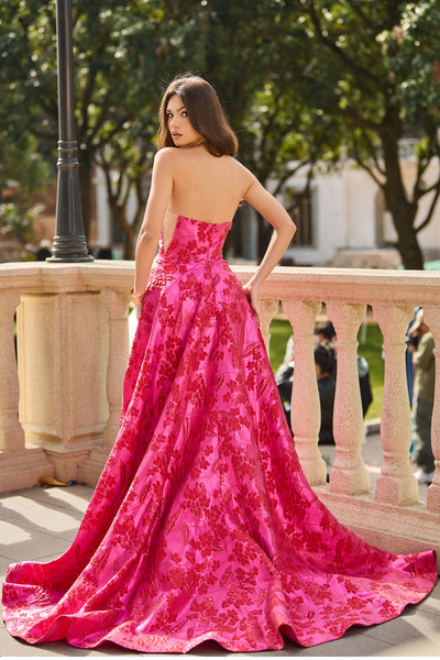 A Line Strapless Red Jacquard Satin Slit Prom Dress with Pockets VL25122111