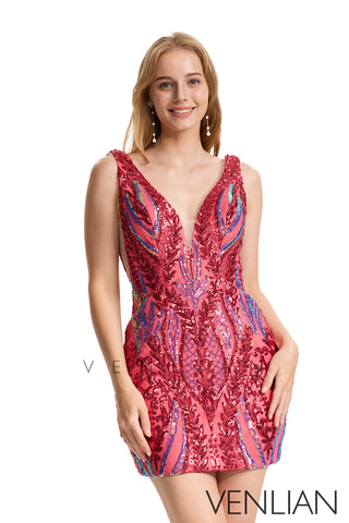 Fuchsia V Neck Sequins Lace Short Homecoming Dresses VL4072002