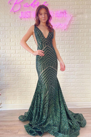 Cute Mermaid V Neck Dark Green Sequins Long Prom Dress VL122307