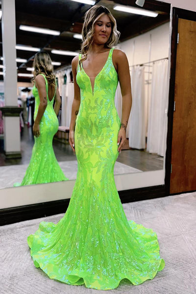 Cute Mermaid V Neck Green Sequins Long Prom Dress VL122318