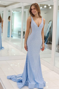 Mermaid V Neck Satin Prom Dress with Beading VL2607