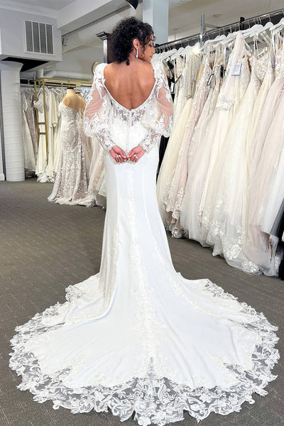 Gorgeous Mermaid Square Neck Long Sleeves Wedding Dresses with Appliques VL4070610