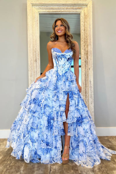 Cute A Line Sweetheart Blue White Floral Chiffon Prom Dress with Slit VL25011305