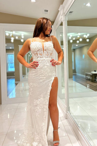 Mermaid Sweetheart White Lace Long Prom Dress with Slit VL021605